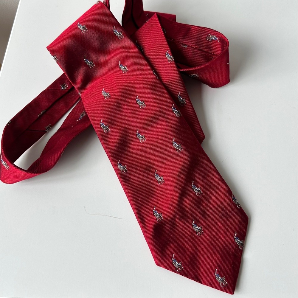 Polo Ralph Lauren‎ Necktie Mens Red Silk Pony Logo Italy Preppy Old Money Flaw